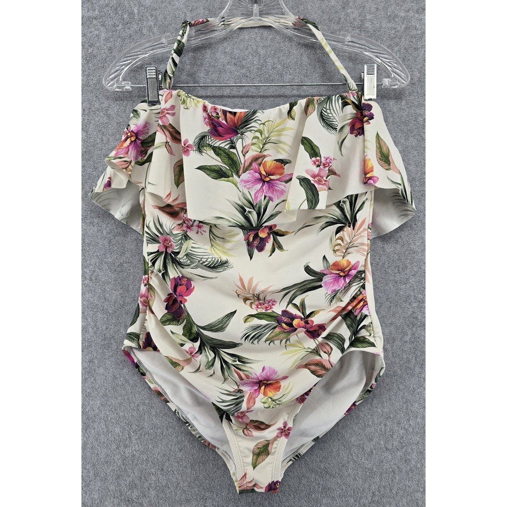 Kona Sol Floral Swimsuit Women's M Halter Strap Flounce One Piece Cream Hawaiian